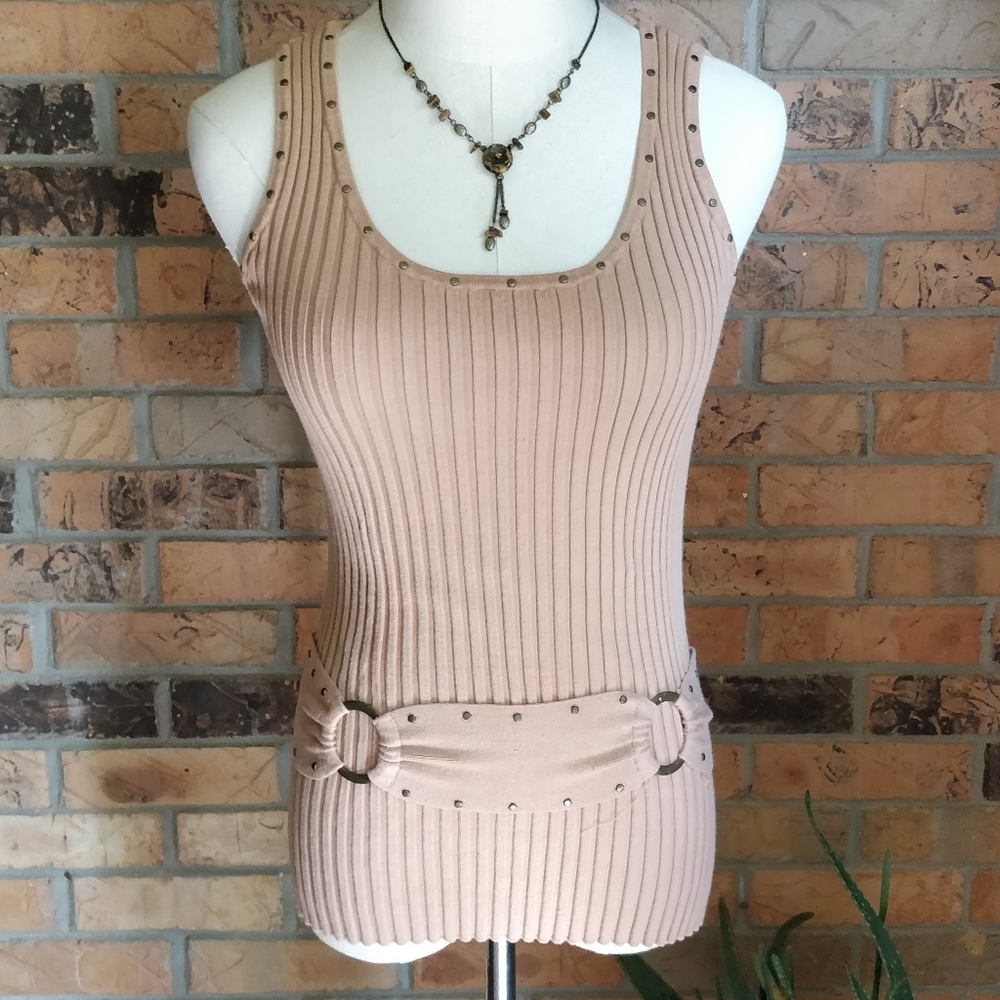 tagless Tan Ribbed Knit XS A-Line Tank Top, Cozy